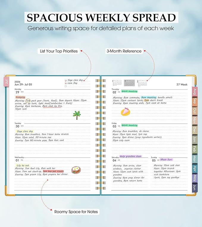 Academic Planner 2026-2027, Hardcover Leather Weekly and Monthly Calendar Planner from July 2026 - June 2027, A4 8.5" x 11" Daily Agenda with Tabs, College School Organizer for Student Teacher, Pacific Green