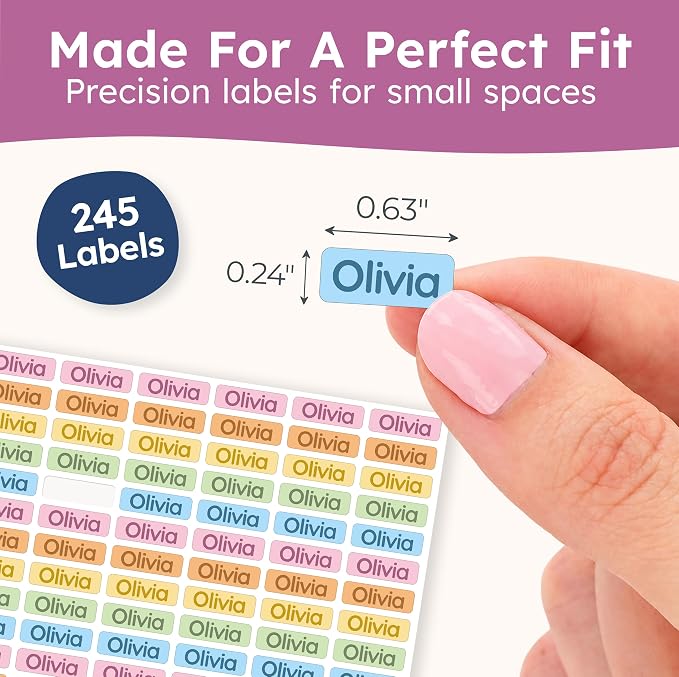 Small Custom Name Labels for Kids (245 Stickers) - Personalized & Waterproof Labels for School Supplies, Daycare, Sleepaway Camp & Clothing Tags - Rainbow