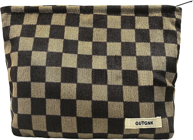 GUTGNK Women's Cosmetic Bag, Corduroy Checkerboard Travel Cosmetic Bag Small Cosmetic Bag Skin Care Cosmetic Changing Handy Bag Zipper Organizer