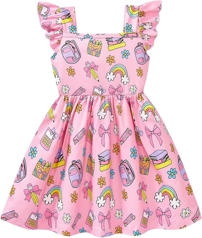Popshion Girls Dresses Flutter Sleeve Swing Sundress Toddler Summer Clothes Kid Birthday Party Sleeveless Dress 1-8 Years Old