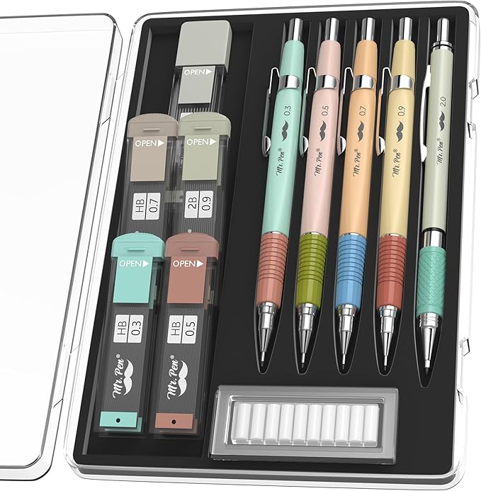 Mr. Pen- Art Mechanical Pencil Set, 5 Metal Mechanical Pencils (0.3, 0.5, 0.7, 0.9, 2.0mm), 5 HB Lead Refills & 10 Eraser Refills, Precision Drawing Pencils for Sketching, Writing & Technical Artwork