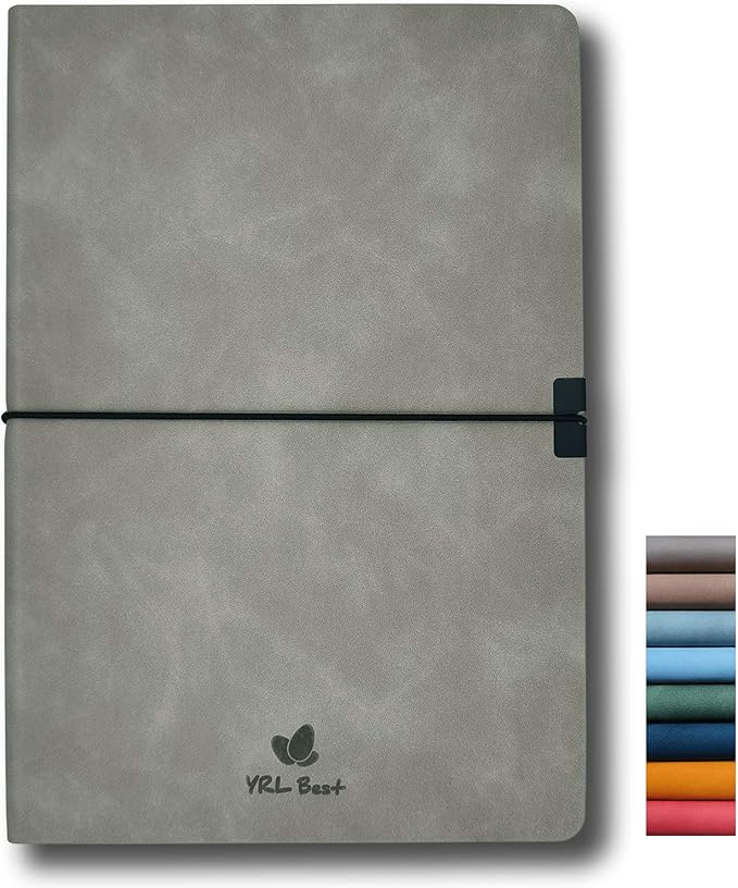 Softcover Bullet Notebook Journal, Dotted/Dot Grid, A5, 5.8x8.3 Inches, Premium Faux Leather, Creamy Thick Paper, Sewn Bound, Elastic Band, Inner Pocket, Pen Loop, Lays Flat, Gray/Grey