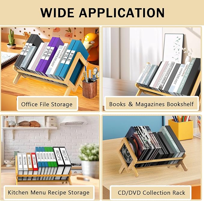 Desktop Bookshelf Bamboo Book Storage Organizer Large Magazine Holder Racks for Home Office Bedroom Tilting Bookcase for Books CDs Files Magazine Display Back to School Gift
