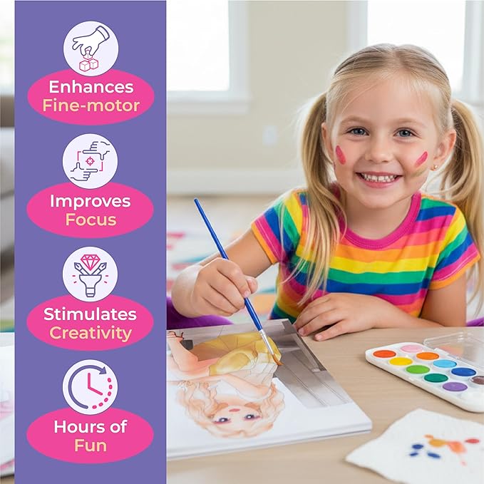 Water Coloring Book for Beginners Painting Kits for Kids Ages 5 and Up, Watercolor Paint Book with 12 Paint Palettes, 1 Brush, and Guides, Fashion Painting for Girls with 15 Pre-Drawn Models