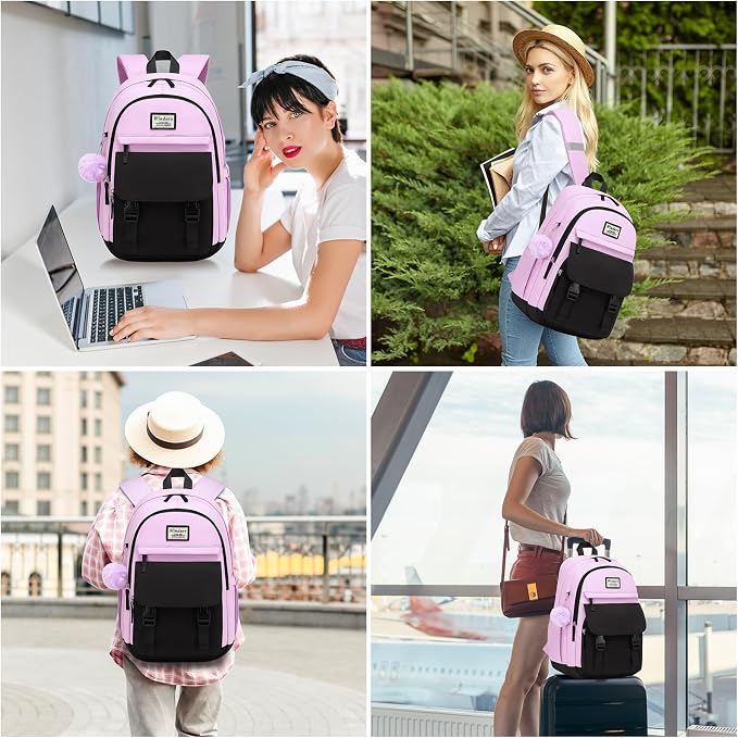 WINDARS School Backpack for Teen Girls, Cute College Backpacks for Women Students Aesthetic Bookbag Large 15.6 Inch Laptop Bag Middle School Travel Back Pack (Black Purple)