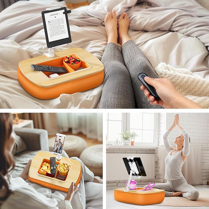 ERGONOV Tablet Pillow Stand for Lap Use with Snack Bowl and 360° Rotating Arm, Adjustable iPad Holder for Bed, Couch, and Recliner, Compatible with 4.7"-13" Kindle, iPad, Tablet, Phone,Orange