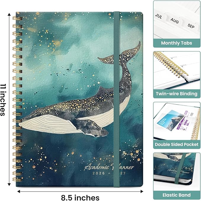 Planner 2026-2027, Academic Monthly and Weekly Calendar Planner for Women, July 2026 - June 2027, Hardcover Pretty Agenda Planner Book with Tabs, Spiral Daily Organizer for School Office Home Supplies, 8.5" x 11" - Whale Dreams