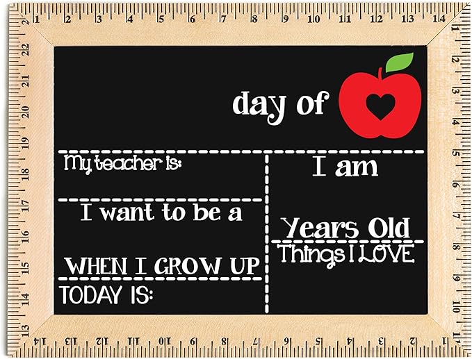 First Day of School Sign (15"x11.5"), Real Wooden Ruler Frame, Reusable Chalkboard- Easy-to-Clean, Handmade in USA by Bloom Owl, Perfect for Back to School, First Day of Kindergarten or Preschool