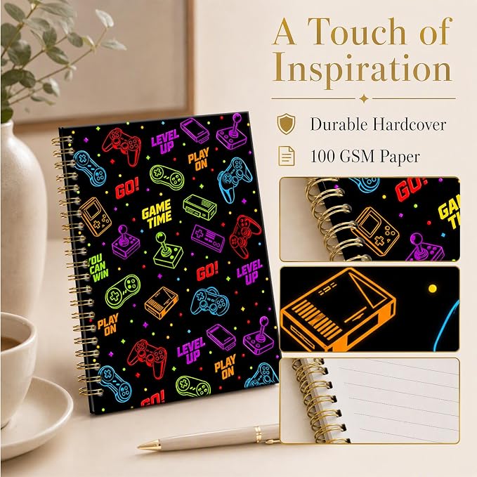 ATJFKIXL Cute Spiral Journal Notebook, A5 120 Page College Ruled Wirebound Notebook, Soft Cover for Students Office Notes and Planning - Black Gamer Icons
