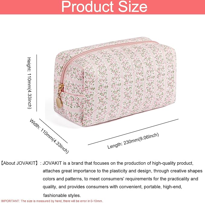 JOVAKIT Square Makeup Bag Cute Cosmetic Bag for Women, Floral Coquette Aesthetic Toiletry Bag, Zipper Make Up Pouch, Travel Make Up Organizer Bag (Pink Floral)