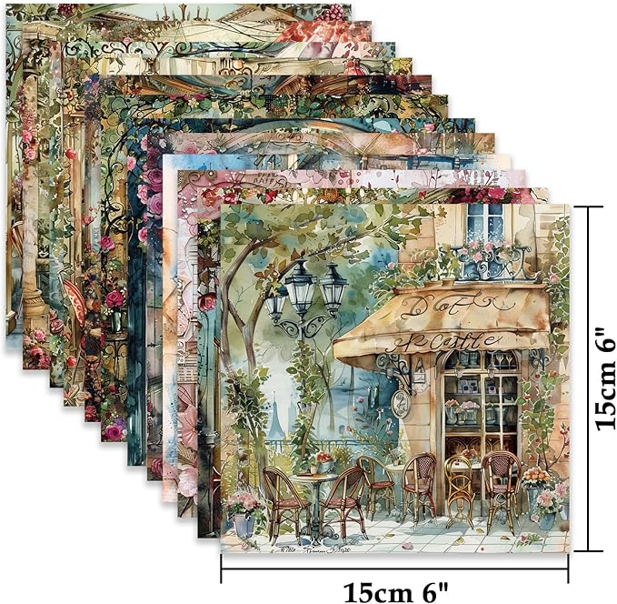 Scrapbook Paper,24 Sheets 6"x 6" Vintage Scrapbook Supplies,Single-Sided Pattern Decorative Cardstock Paper for Junk Journal,Card Making,DIY Album, Art Journaling,Decoupage Craft,Paris Cafeteria