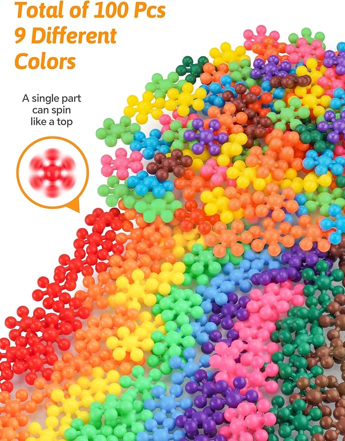 100PCS Snowflake Interlocking Building Block Educational Toy for Kids Ages 3+, Multi-Color Solid Plastic Early Learning Creativity STEM Toy with Carrying Case Safe Material