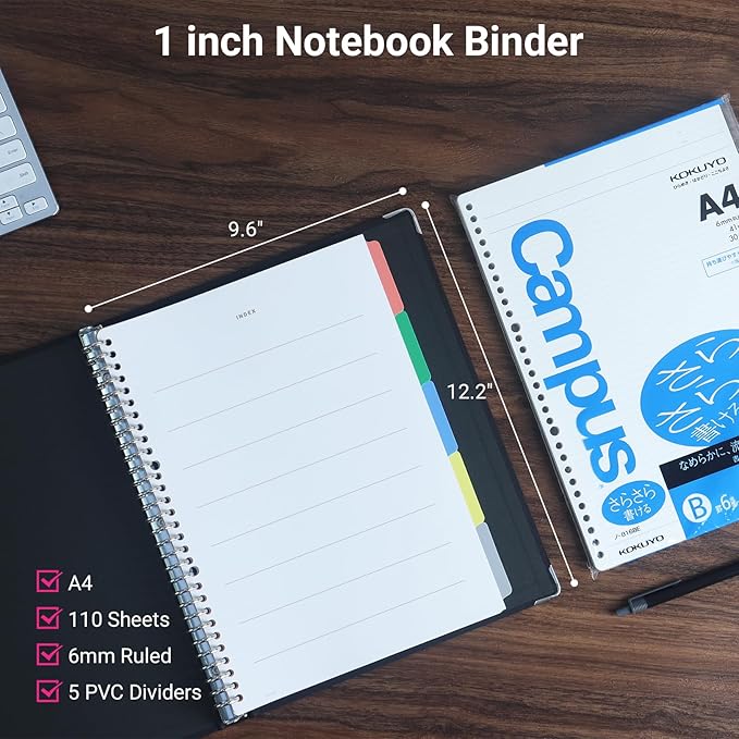 KOKUYO 5 Subject Spiral Notebook, Color Palette A4 Refillable Journal with 5 Tab Dividers, 100 Sheets in 6mm Ruled Loose Leaf Paper, Business Black