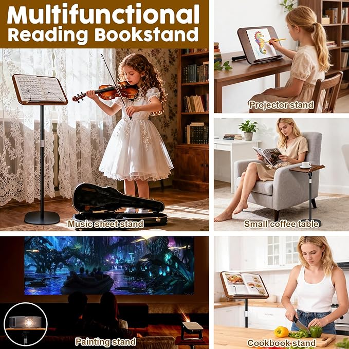 2 in 1 Dual-use Music Stand & Desktop Book Stand, Adjustable Height 16.5"-51", 100% Solid Wood Laptop Floor Stand Book Holder with Elastic Page Clips for Cookbooks, Sheet Music (Black Walnut)