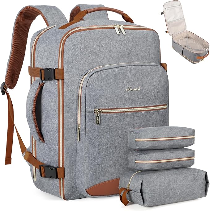 LOVEVOOK Travel Backpack for Women & Men 40L,Airline Approved Carry On Backpack Travel Essentials,TSA Carry on Luggage,Waterproof Personal Item Travel Bag,Suitcase with 3 Packing Cubes,Grey-Brown