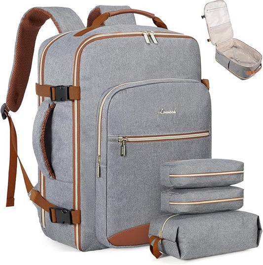 LOVEVOOK Travel Backpack for Women & Men 40L,Airline Approved Carry On Backpack Travel Essentials,TSA Carry on Luggage,Waterproof Personal Item Travel Bag,Suitcase with 3 Packing Cubes,Grey-Brown