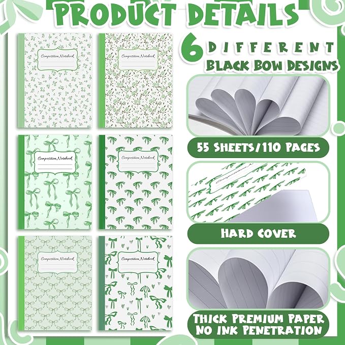 Fullhawl 6 Pack Composition Notebook College Ruled Bulk Green Bow Composition Notebook Preppy Aesthetic for Back to School Supplies 110 Pages 9-3/4 x 7-1/2" Cute Journal for First Day of School Office