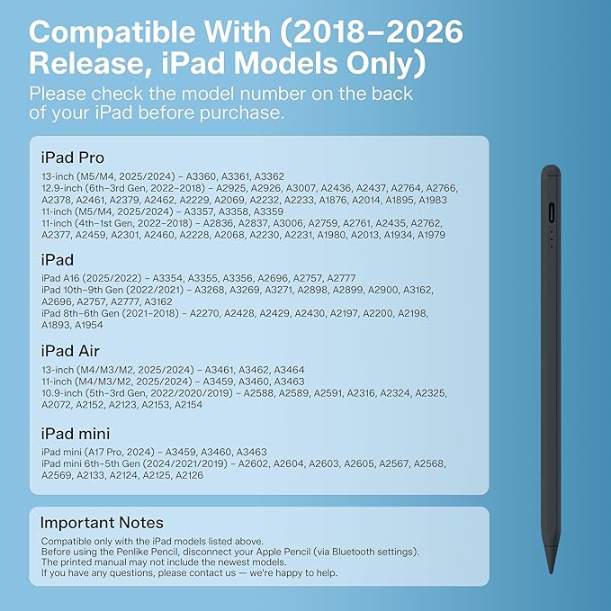 Stylus Pen for iPad 2018-2026, 2X Fast Charge Active Pencil with Tilt Sensitivity & Palm Rejection, iPad 11/10/9/8/7/6/A16, Air M4/M3/M2, Pro M5/M4, Mini 7/6/5 (Black)