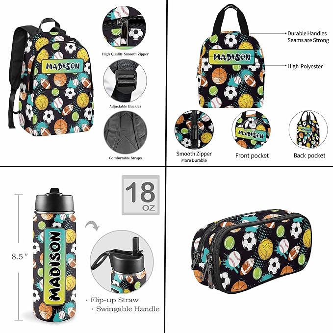 M YESCUSTOM Custom Boys Backpack with Lunch Box Set for Toddler Kids, Colorful Ball Games Football Personalized School Backpack with Name for Picnic Travel Lightweight Book Bag