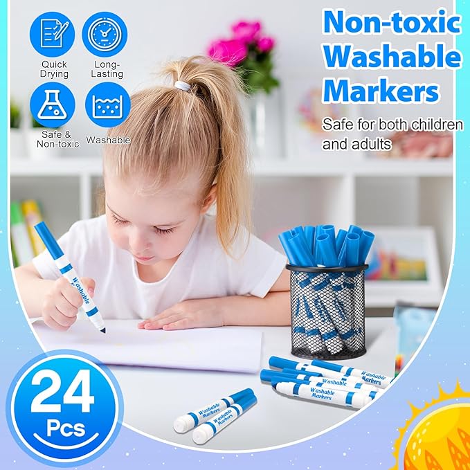 24 Pcs Washable Markers Bulk Broad Line Markers Coloring Conical Tip Large pens for Kids art projects, Teachers, Students, Toddlers, Party Favors, Classrooms, Donations(Sky Blue)