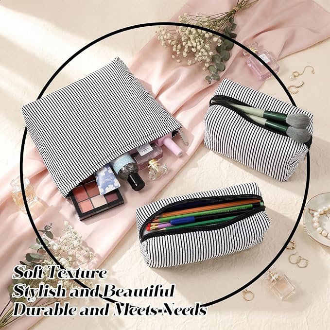 Huhumy 3 Pcs Makeup Bag Set Cute Stripe Cosmetic Pouch for Women Aesthetic Seersucker Travel Toiletry Bag Set Preppy Small Makeup Purse Pouch Cosmetic Organizer Pencil Case with Zipper(Black)