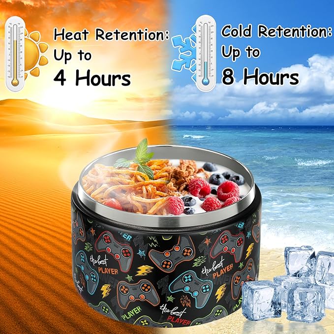 Pawtong 12oz Insulated Vacuum Food Jar with Buckle Lid Wide Mouth Soup Thermo for Hot Food Kids Leakproof Stainless Steel Lunch Container (Black-Game)