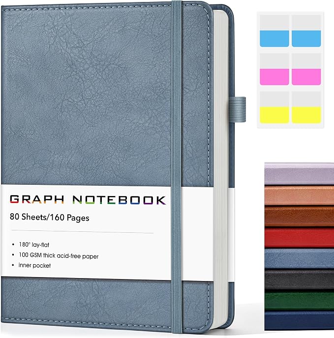A5 Leather Hardcover Graph Paper Notebook, 160 Pages (5 Squares/Inch), 180° Lay-Flat Binding, 100 GSM Thick Paper, for Math, Engineering, Students & Technical Work (Dusty Blue)