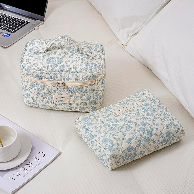 uekeboag Large Travel Quilted Makeup Bag for Women | Soft Floral Cotton Cosmetic Bag, Foldable Coquette Aesthetic Toiletry Organizer