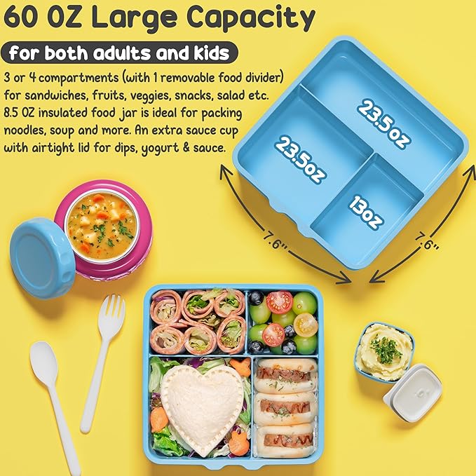 Fimibuke 60oz Leakproof Bento Lunch Box for Kids with 8.5oz Thermo Food Jar | 3-4 Compartment Toddler Lunch Box kids Food Container with Utensil Sauce Cup for School Boys Girls, Dishwasher Safe, BPA-Free