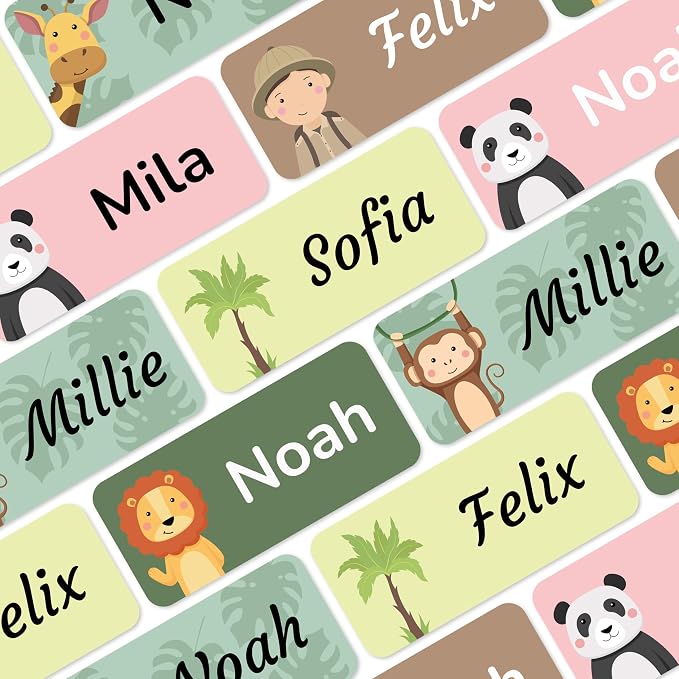 Personalized Name Labels for Kids (140), Custom Daycare Labels - Waterproof Name Stickers for Clothing, Bottles and Other School Supplies (1.2” x 0.5”) - Jungle