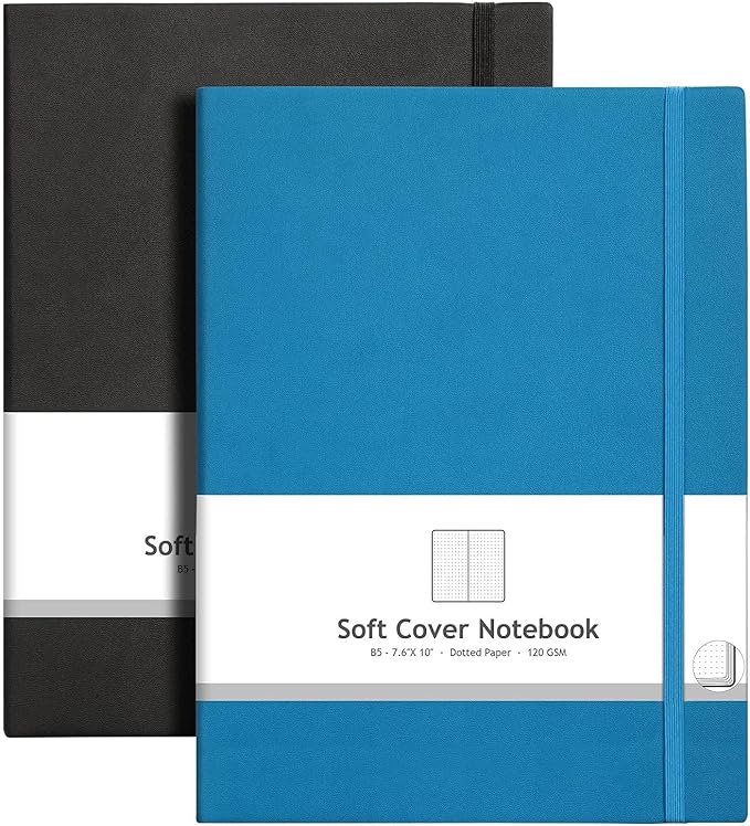 AHGXG Dotted Journal 2 Pack - B5 Large Journal Dot Grid Notebook (7.6'' X 10'') with Thick 120gsm Dot Paper, Soft Leather Cover, Total 384 Pages, Inner Pocket, Black Blue