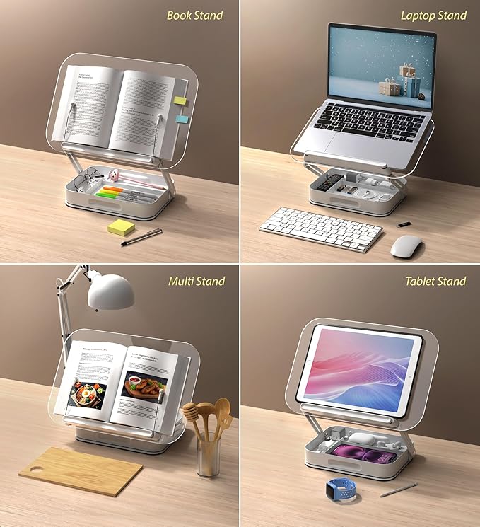 Acrylic Book Stand with Storage, 360° Rotating, Foldable Adjustable Holder with Large Storage Capacity for Reading & Tablets (Clear)