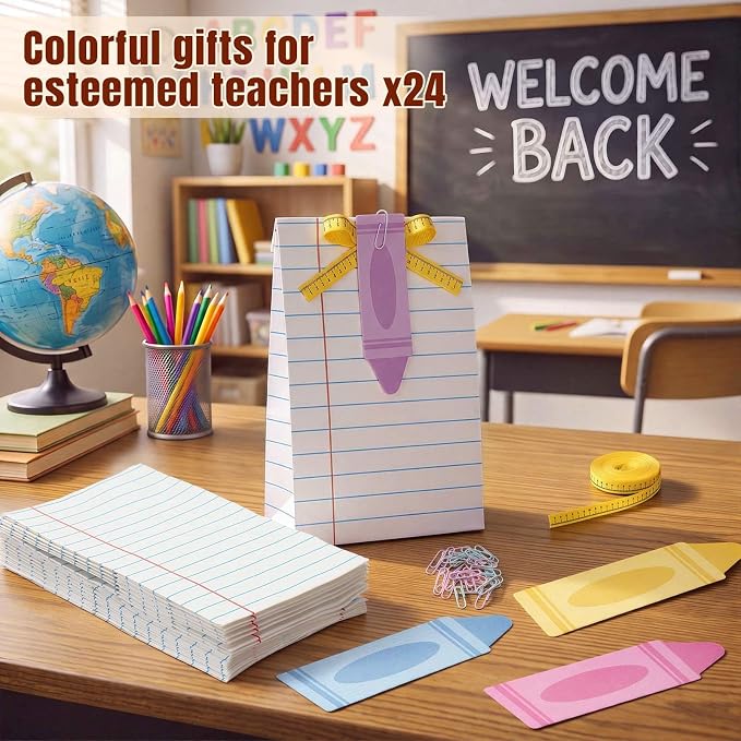 Tinlade 24 Sets Back to School Gift Bags for Teacher Students Lined Notebook Bags with Crayon Cards Ruler Ribbon Paper Clip Composition Book Classroom Decor for First Day of School Supplies Gift Wrap