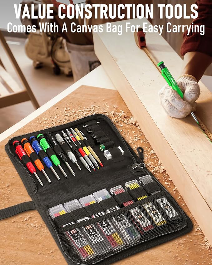 Nicpro 31 Pack Carpenter Pencil Set with Sharpener, Mechanical Carpenter Pencils with 128PCS Refills and Carbide Scribe Tool, Heavy Duty Construction Pencils for Architect Woodworking-With Canvas Case