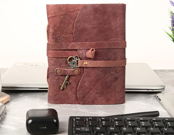 Leather Journal with Deckle Edge Paper 8x6 inch and Vintage Key | Handmade Writing Notebook Diary | Bound Daily Notepad for Men & Women Medium, Sketch/Writing pad for Artists