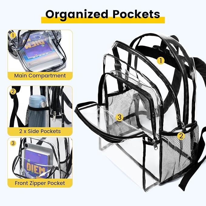 Vorspack Clear Backpack Heavy Duty - Clear Backpacks Transparent Bookbag for Girls Boys Large See Through Bag for Work, College, Concert - Black