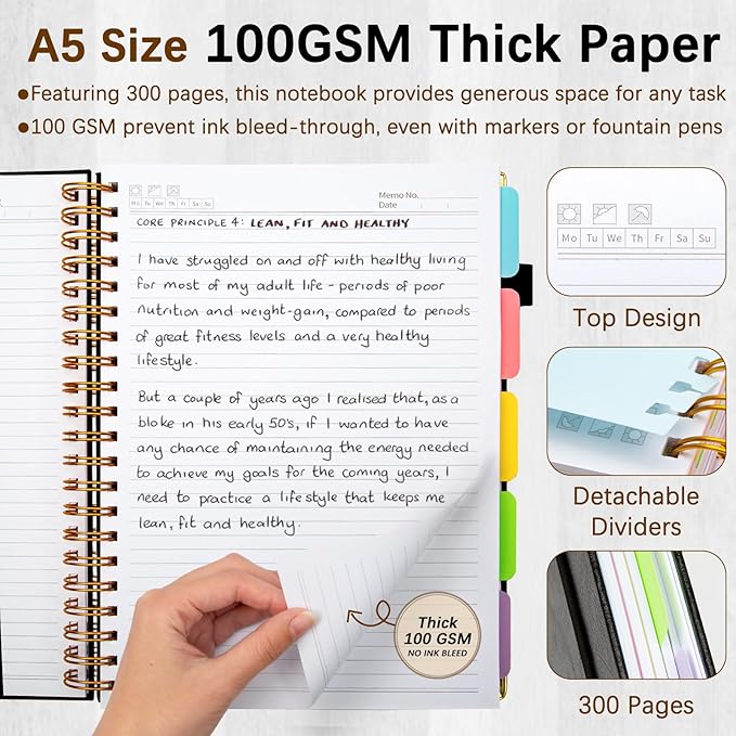 Hardcover Spiral Notebooks for Work 6.2"x 8.2", 300 Pages 5 Subject Notebook with Dividers & Tabs, A5 Spiral Journal for Women, College Ruled Notebook for School Note-Taking (Black)
