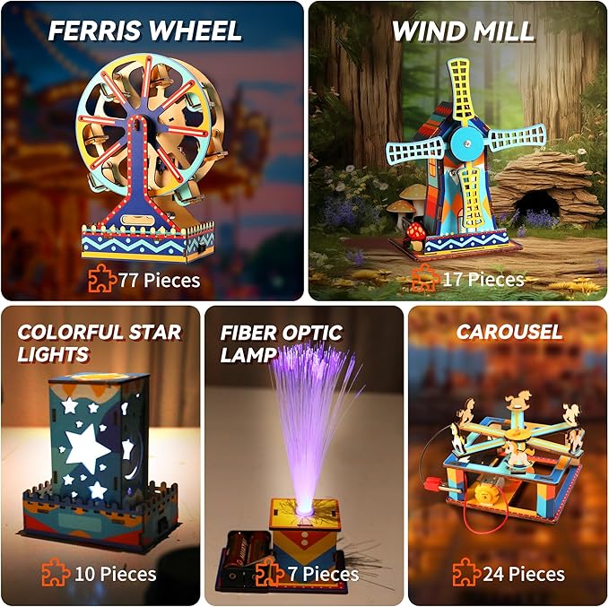 5-in-1 STEM Kits for Kids 6-12, Colorful UV Printed Wooden Building Toys with Motorized Ferris Wheel & Night Light, DIY Science Engineering Projects, Educational Gifts for Boys Girls