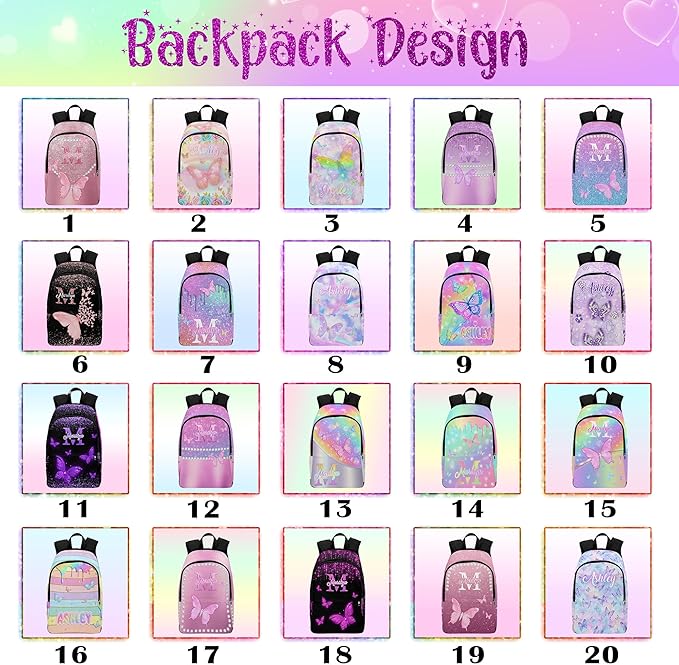 M YESCUSTOM Custom Backpack for Girls, Butterfly Personalized Girls Backpack Customized Kids Bookbag with Name Elementary Middle Back to School Bags Travel Laptop Back Pack Casual Daypacks