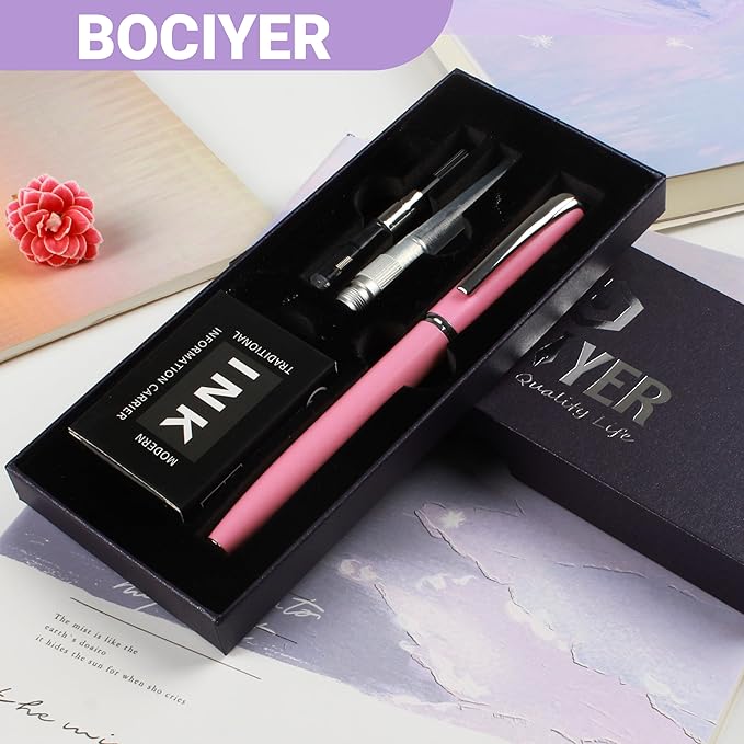 Super Smooth Writing Fountain Pen Set,Includes 2 Hand Polished Iridium Nibs(Fine & Extra Fine),8 Ink Cartridges,2 Ink Refill Converter and Gift Box,Best Pen Gift Set for School,Office(Pink)