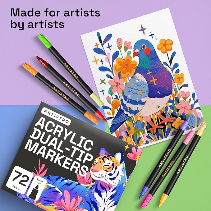 ARTISTRO Paint Markers 48 Colors - Acrylic Pens for Rock, Glass, Fabric, DIY - Art Supplies - 24 Dual Brush Tip Markers