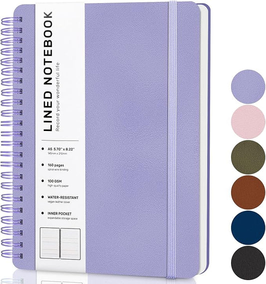 ABERLLS Lined Spiral Journal Notebook with 160 Pages, 8×5.7in, A5 Spiral Notebook, Journaling Notebooks for Work, School, Women, Men, College Ruled Spiral Notebook, Hardcover Leather Journals, Purple