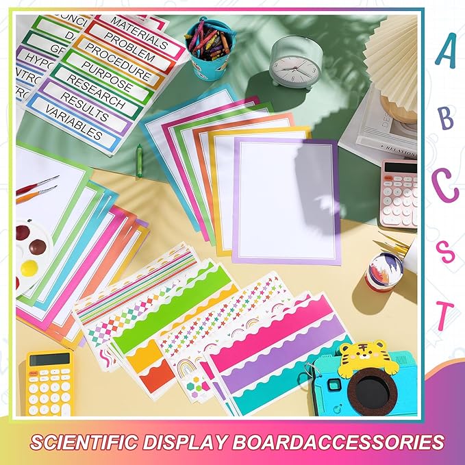 Fuyoooo 90 Pcs Science Fair Board Supplies 60 Trim Scalloped Bulletin Board Borders 24 Presentation Board Subtitles 6 Science Fair Titles for Classroom Display Boards(Colorful)