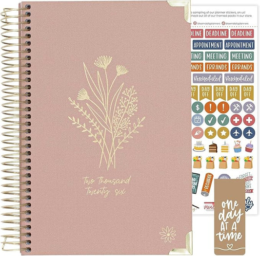 bloom daily planners HARDCOVER 2026 Planner (January to December) - A5 Task Goal Organizer for Women - Monthly & Weekly Inspirational Agenda Book - 5.5" x 8.25" - Linen, Pink