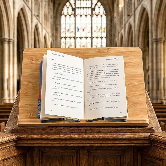Large Bamboo Book Stand for Reading Hands-Free, Adjustable Height & Angle Bible Stand, Portable Foldable Holder for Textbooks, Cookbooks, Tablets, and More (15.4 x 11 Inches)
