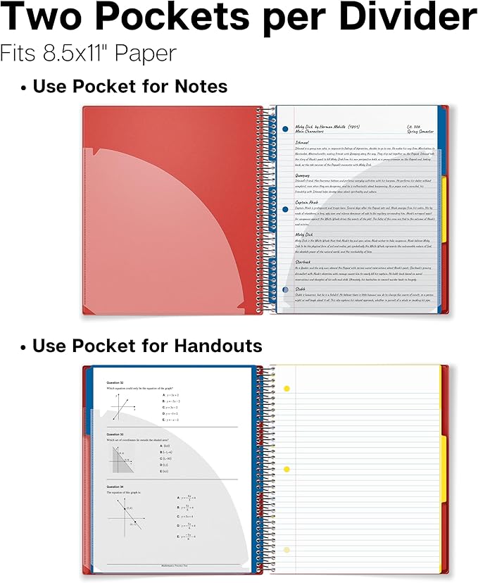 Dunwell 3-Subject Spiral Notebook College Ruled 8.5x11 (Red), 150 Sheets (300 Pages), Tabs, Color Movable Divider Pockets, Protective Plastic Covers, 3-Hole Punched Tear-Off Paper