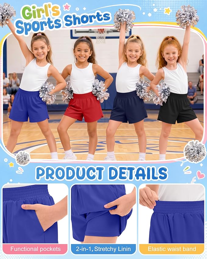 4 Pack Girls Athletic Shorts 2 in 1 Quick Dry High Waist Tween Shorts with Liner Kids Back to School Running Shorts