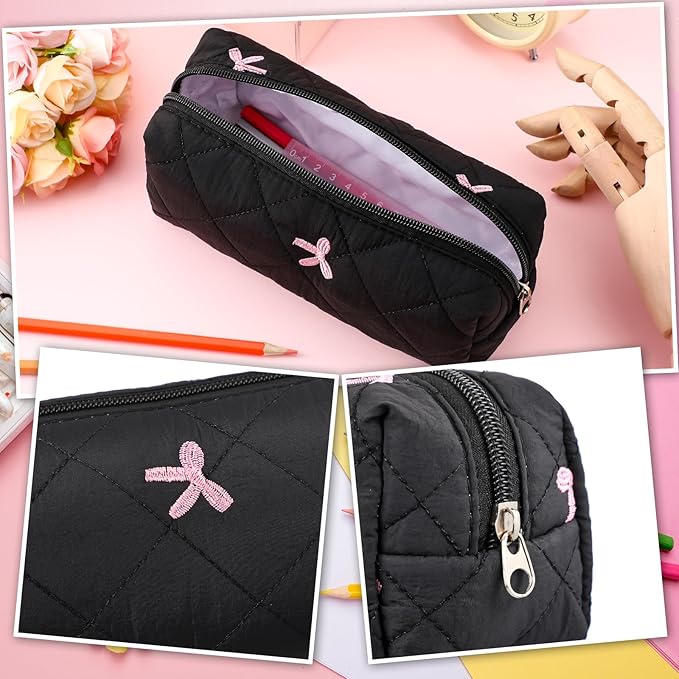 Sherr Black Coquette Bow Pencil Case Pink Bow Cute Pencil Pouch Soft Cotton Storage Bag Aesthetic Pattern Gift Makeup Pouch Cosmetic Travel Bag for Women