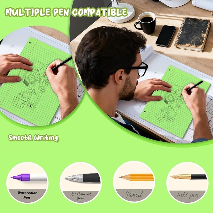 Green Loose Leaf Paper 8 x 10.5, 120 Sheets Lined Paper College Ruled Paper, 3 Hole Punched Notebook Paper College Ruled, 3 Ring Binder Paper 8 x 10.5, Filler Paper College Ruled for Office, School