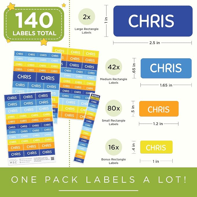 Personalized Daycare Name Washable Labels for Kids, (140 Pack) Waterproof Custom Name Stickers for Clothing Tags, Lunch Boxes and School Supplies, Made in USA by MSC -Skyline